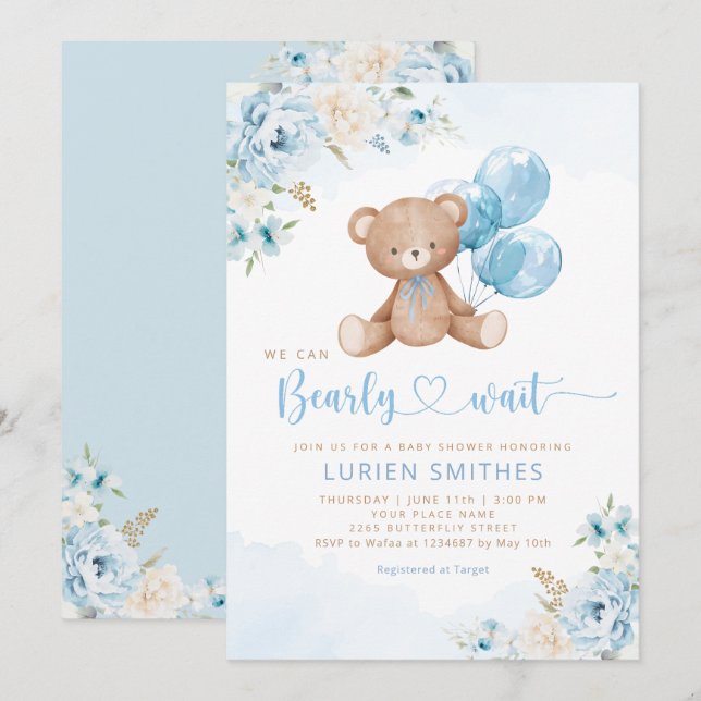Invitation Bearly Wait Boho Teddy Bear Boy Baby shower (Devant / Derrière)