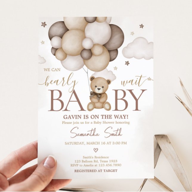 Invitation Bearly Wait Brown Baby shower à ballon (Boho Brown Bear Baby Shower Invitation)