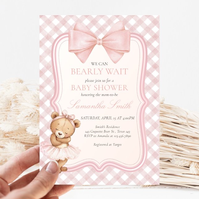 Invitation Bearly Wait Elegant Bear Baby Shower (Pink Bear Baby Shower Invitation)