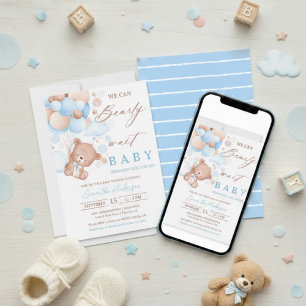 Invitation Bearly Wait Hot Air Balloon Baby shower Blue Boy