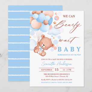 Invitation Bearly Wait Hot Air Balloon Baby shower Blue Boy
