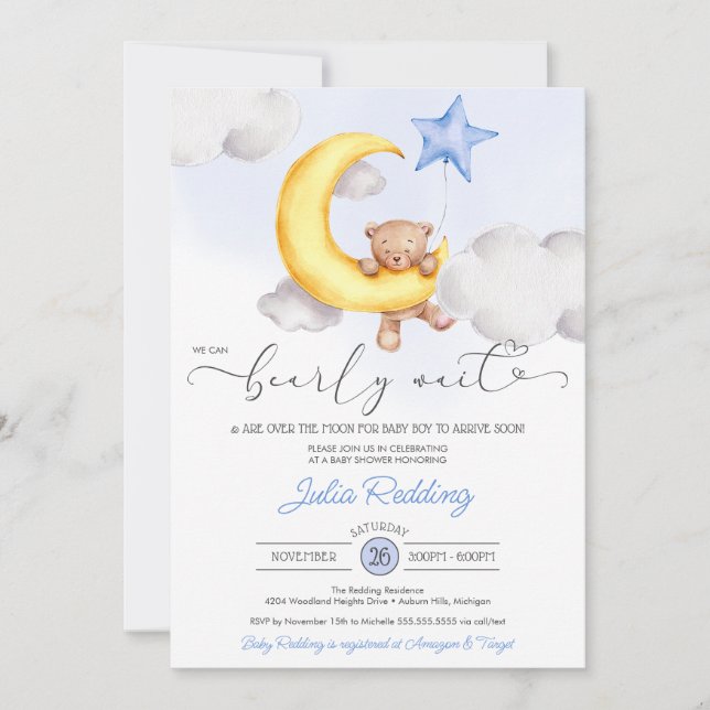 Invitation Bearly Wait Moon & Star Teddy Bear Boy Baby shower (Devant)