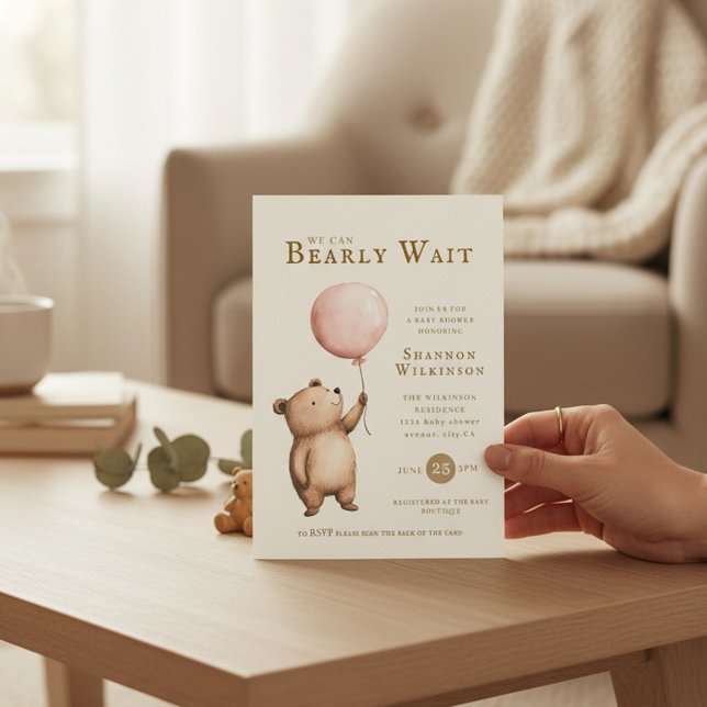 Invitation Bearly Wait Pink Balloon Baby Shower QR Code  (Créateur téléchargé)