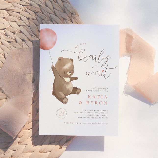 Invitation Bearly Wait Pink Balloon & Teddy Bear Baby shower (Créateur téléchargé)