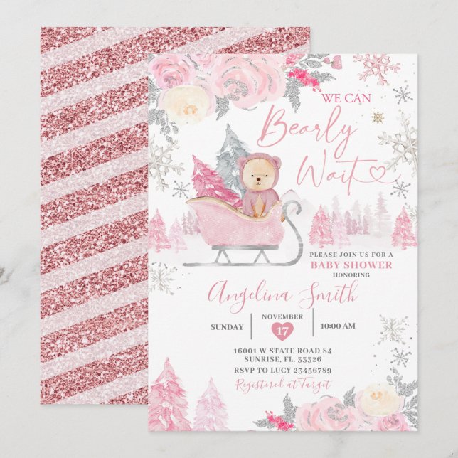 Invitation Bearly Wait Pink Snowflake Baby shower Floral (Devant / Derrière)