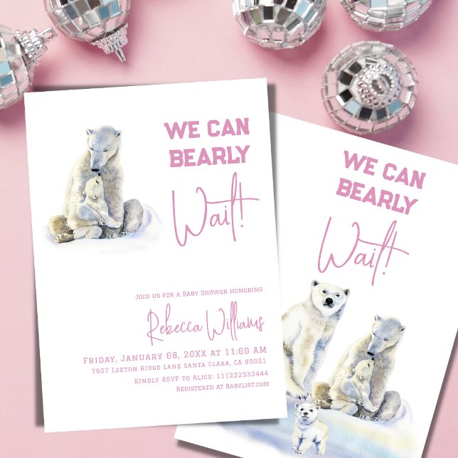 Invitation Bearly Wait Polar Ours rose Fille Baby shower (Créateur téléchargé)