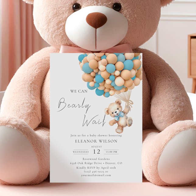 Invitation Bearly Wait Teddy Bear Baby shower Bleu Balloon (Créateur téléchargé)