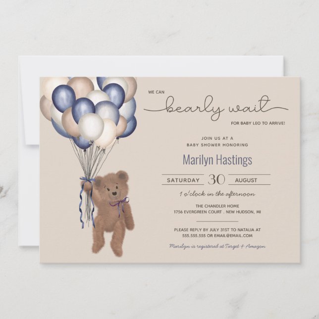 Invitation Bearly Wait Teddy Bear & Balloons Baby shower Invi (Devant)