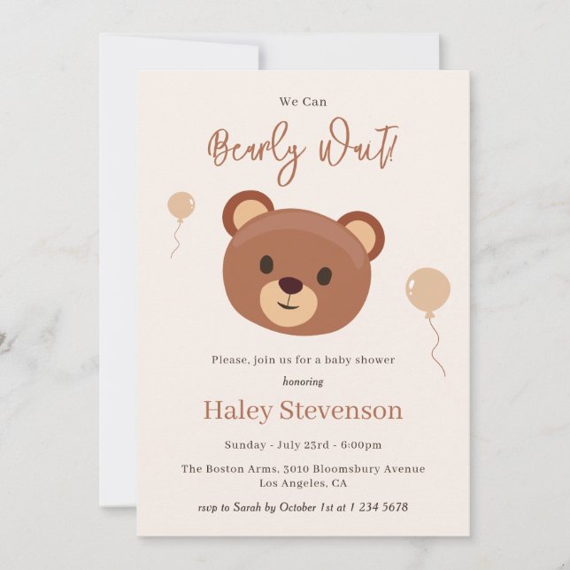 Invitation Bearly Wait Teddy Bear Brown Baby shower neutre (Devant)