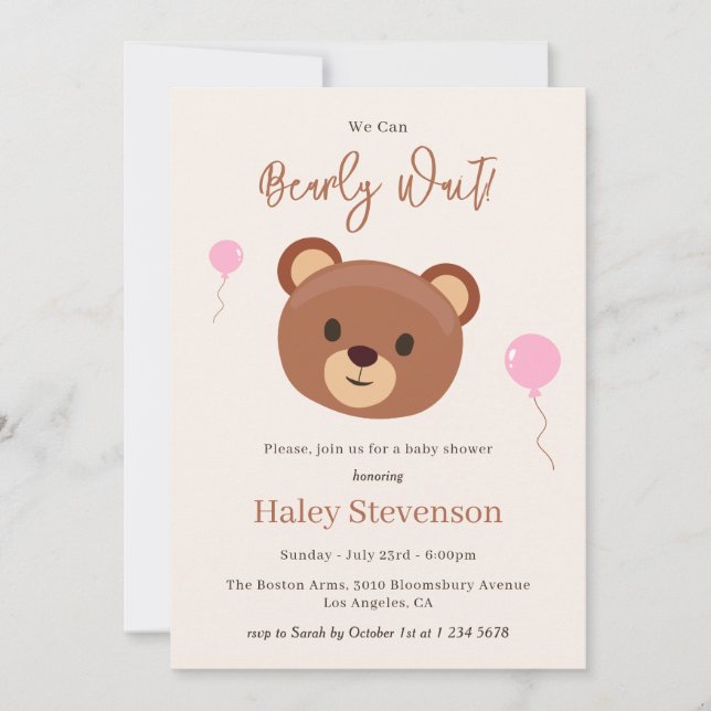 Invitation Bearly Wait Teddy Bear Brown rose Girl Baby shower (Devant)