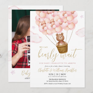 Invitation Bearly Wait Teddy Bear Photo Pink Girl Baby shower