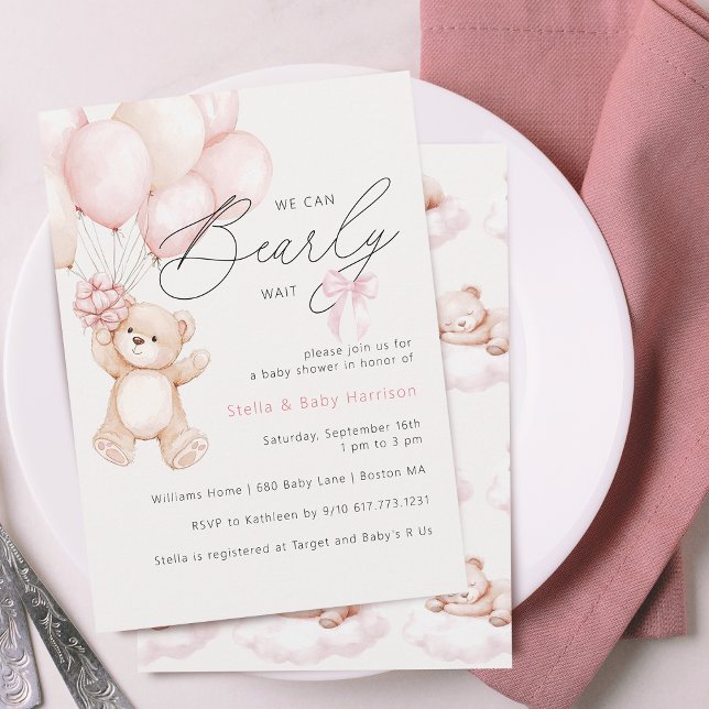 Invitation Bearly Wait Teddy Oear Girl Baby shower (Bearly Wait Teddy Bear Girl Baby Shower Invitation)