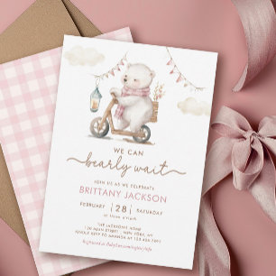 Invitation Bearly Wait White Teddy Bear Girl Baby shower