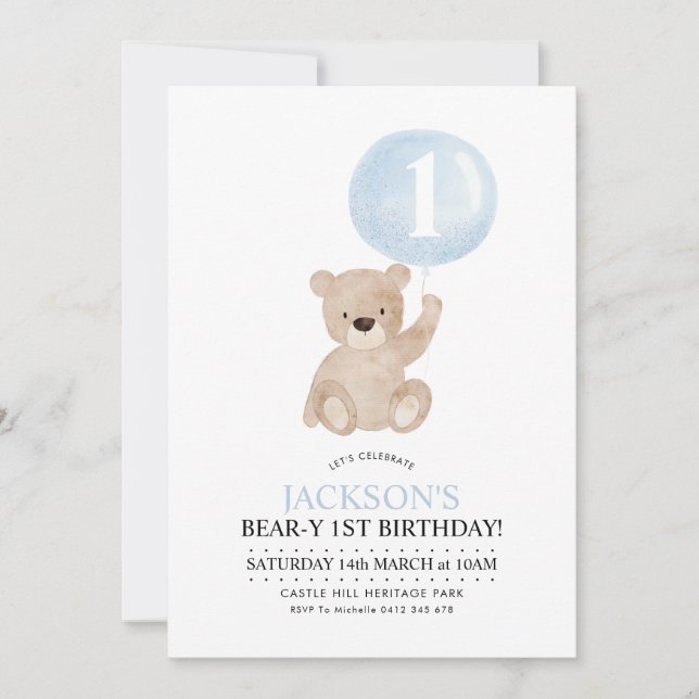 Invitation Béary 1er anniversaire Ours Bleu Ballons Invitatio (Devant)