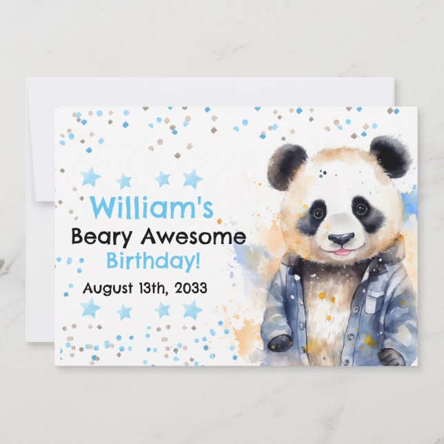 Invitation Beary Awesome Boys Aquarelle Panda Anniversaire (Devant)