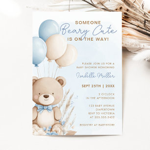 Invitation Béary Bleu Bleu Boulon Teddy Baby shower Garçon