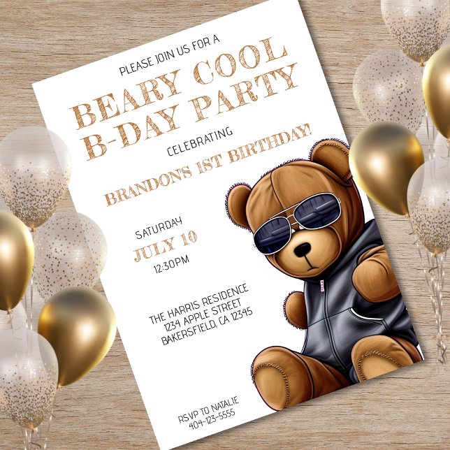 Invitation Beary Cool Teddy Bear Boy 1er anniversaire (Beary Cool Teddy Bear Boy 1st Birthday Party Invitation)