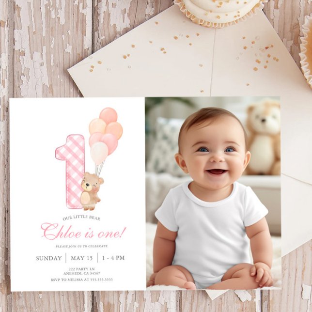 Invitation Beary First Teddy Bear Girl Birthday Party photo (Créateur téléchargé)