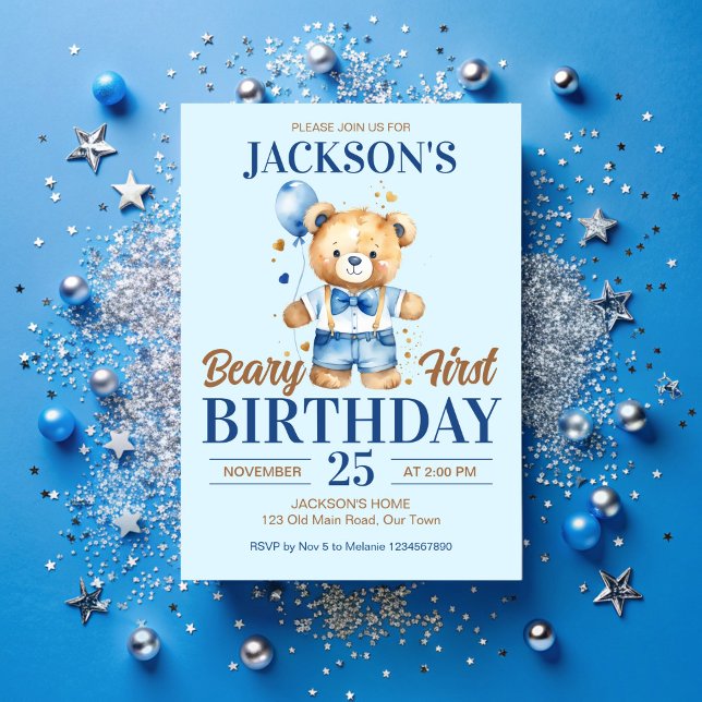 Invitation Béary premier garçon anniversaire mignon peluche b (Beary first boys birthday cute teddy bear blue balloon party invitation template instant download)