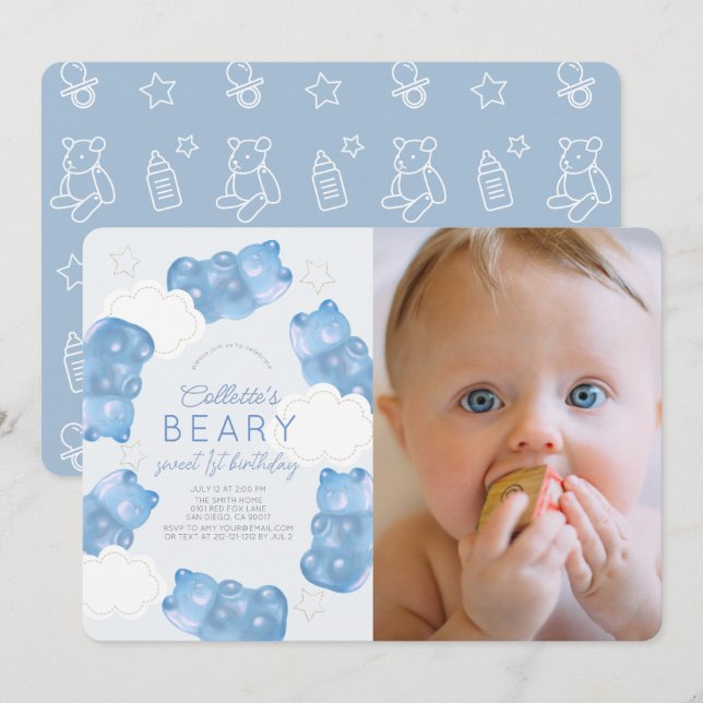 Invitation Beary Sweet Blue Gummy Bear Boy Photo 1er annivers (Devant / Derrière)