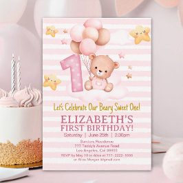 Invitation Beary Sweet First Birthday | Pink Boho Bear Girl