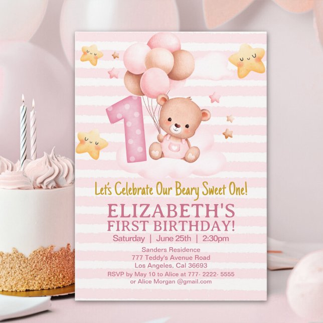 Invitation Beary Sweet First Birthday | Pink Boho Bear Girl (Créateur téléchargé)