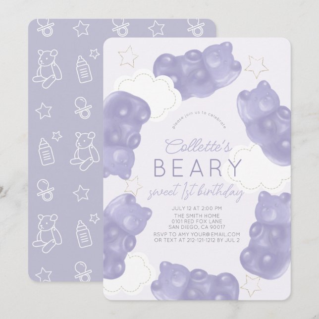 Invitation Beary Sweet Purple Gummy Ours 1er anniversaire (Devant / Derrière)