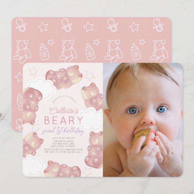 Invitation Beary Wait Gummy rose Ours Girl 1er anniversaire (Devant / Derrière)