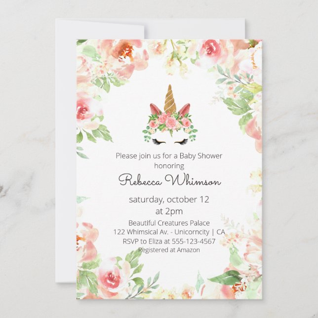 Invitation Beau Baby shower d'aquarelle Unicorn (Devant)
