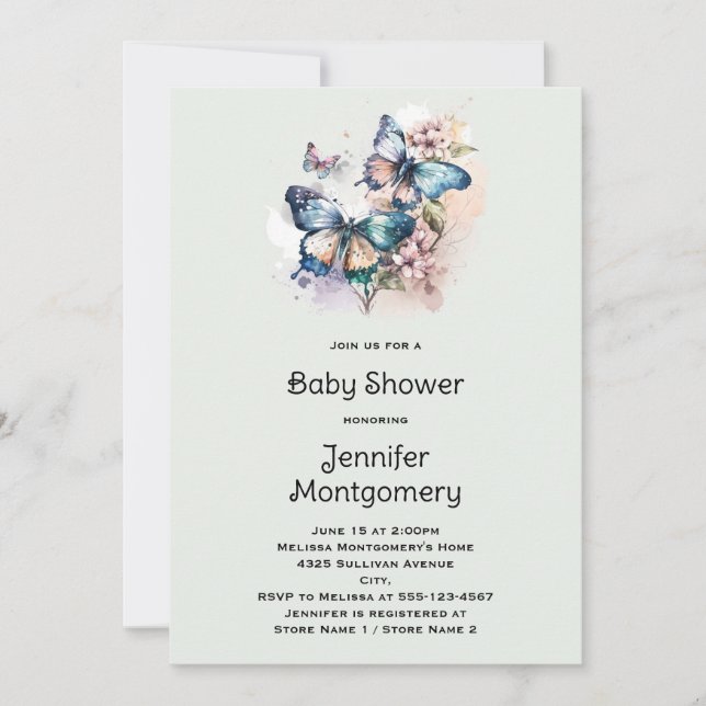 Invitation Beau Baby shower de papillons et de fleurs (Devant)