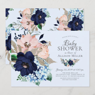 Invitation Beau Baby shower floral bleu marine et bleu