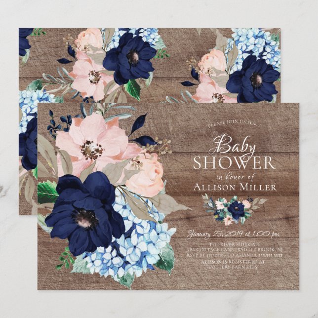 Invitation Beau Baby shower floral rustique et bleu marine (Devant / Derrière)