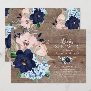 Invitation Beau Baby shower floral rustique et bleu marine