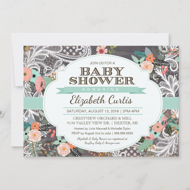 Invitation Beau Baby shower Floral Rustique & Lace Boho (Devant)