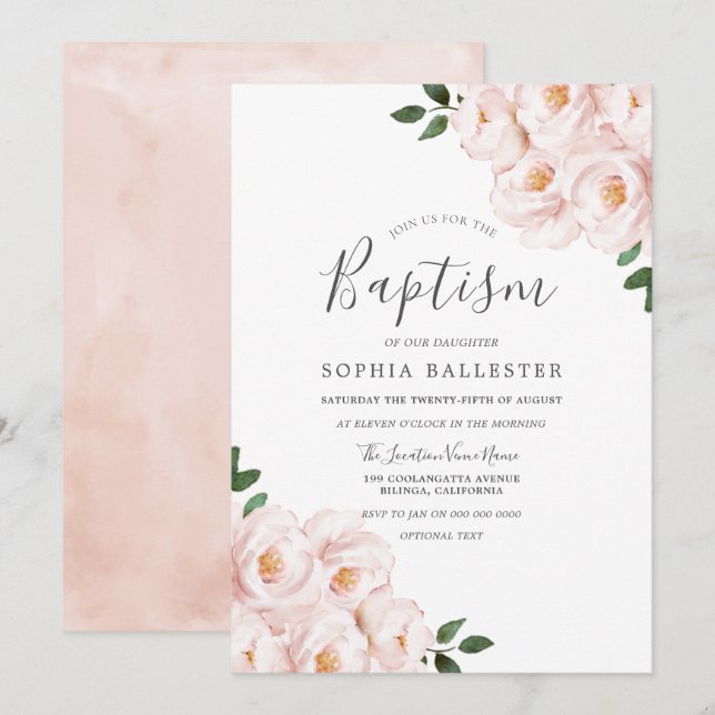 Invitation Beau Baptême Fille Bébé Rose Rose Doux (Devant / Derrière)