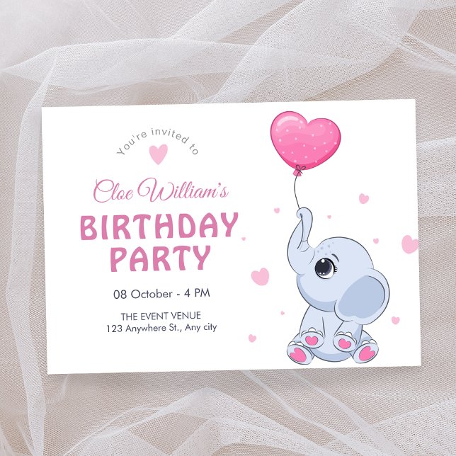 Invitation Beau bébé éléphant et ballon anniversaire (Créateur téléchargé)