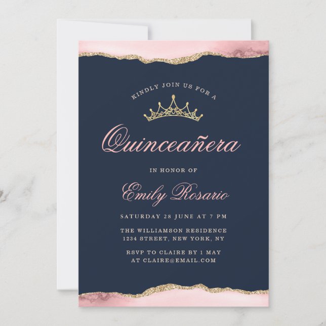 Invitation Beau bleu marine & agate blush quinceañera (Devant)