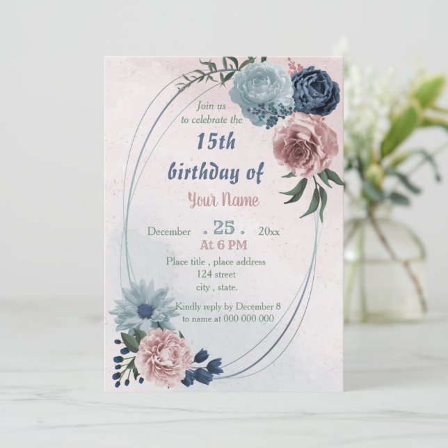 Invitation beau bleu rose floral géométrique (Debout devant)