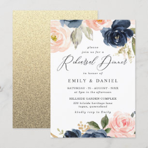 Invitation Beau Blush & Navy Fleurs Dîner de répétition