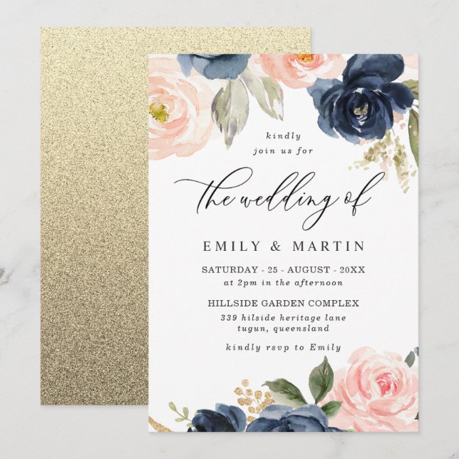 Invitation Beau Blush & Navy Floral Spring Wedding (Devant / Derrière)