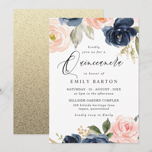 Invitation Beau Blush Navy Quinceanera 15e anniversaire (Devant / Derrière)