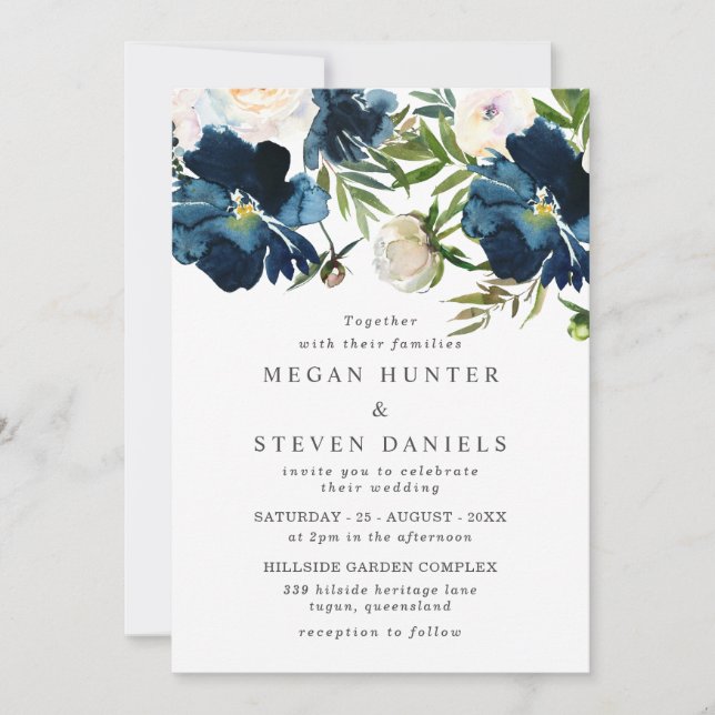 Invitation Beau Blush & Navy Watercolor Flowers Mariage (Devant)