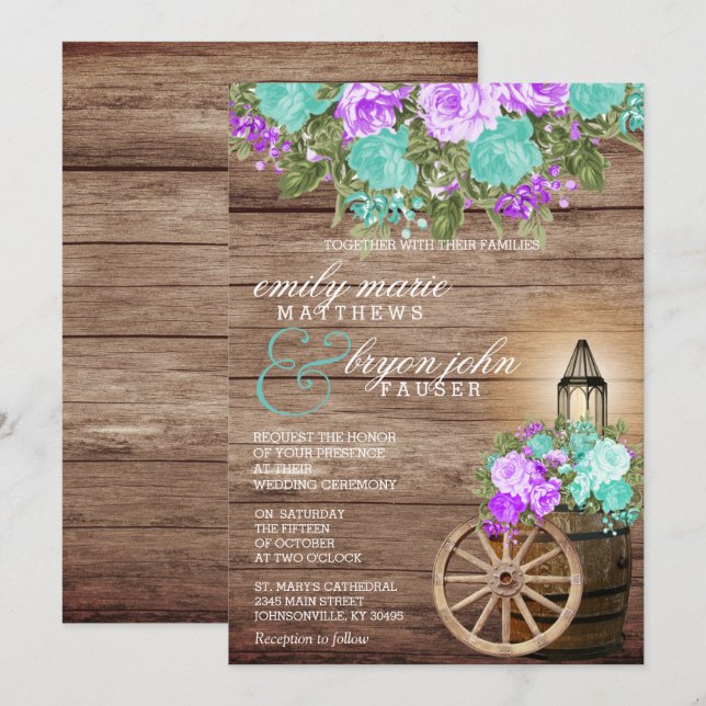 Invitation Beau bois Patiné avec fleurs Turquoises et violett (Devant / Derrière)