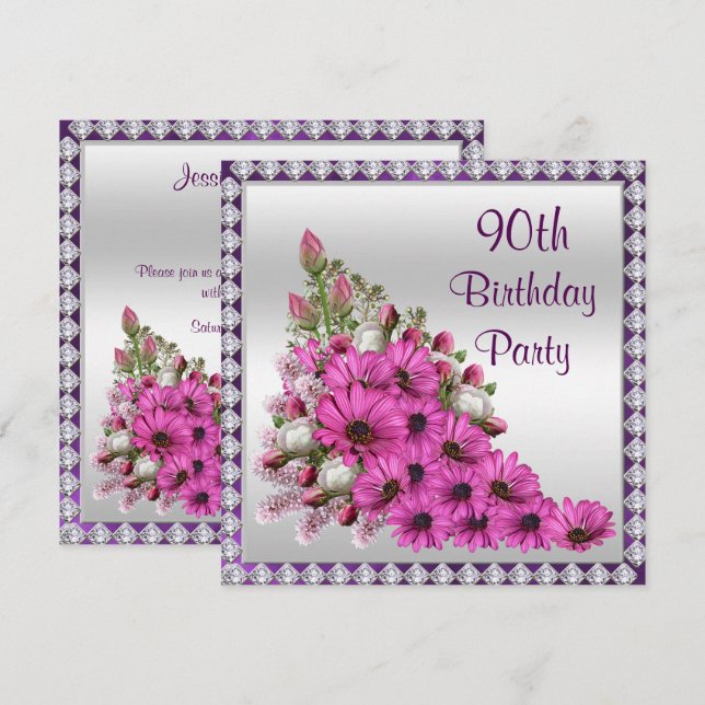 Invitation Beau Bouquet et diamants Lilac 90e anniversaire (Devant / Derrière)