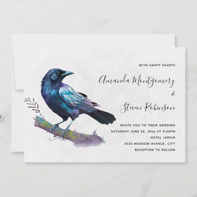 Invitation Beau corbeau sur un Mariage de branche d'arbre (Devant)