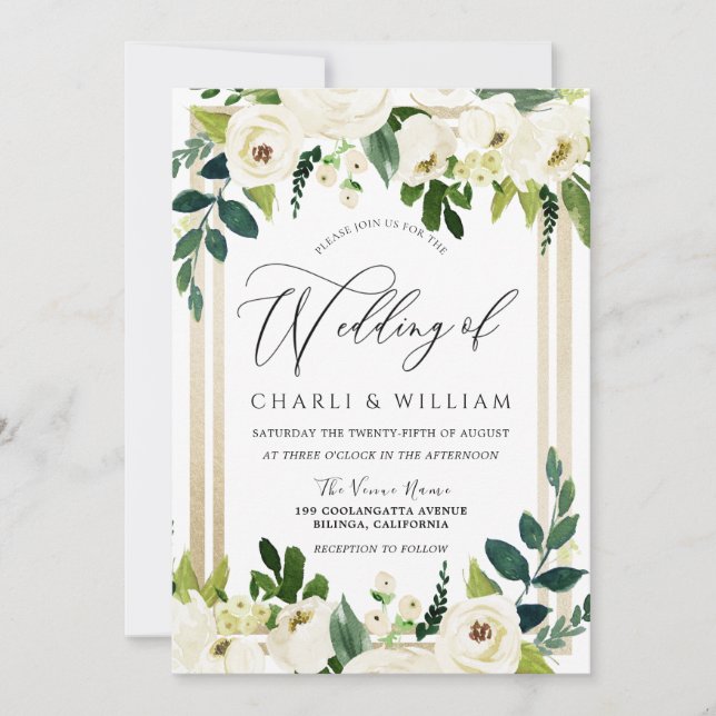 Invitation Beau Elégant Mariage Floral Blanc Or (Devant)