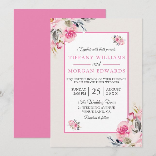 Invitation Beau Elégant Mariage floral rose (Devant / Derrière)