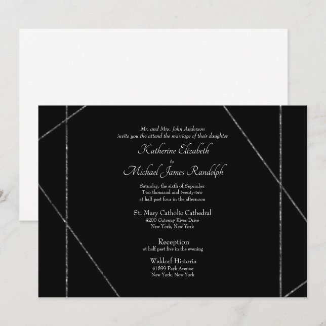 Invitation Beau Elégant noir et blanc Mariage II (Devant / Derrière)