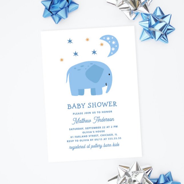 Invitation Beau éléphant bleu et lune. Baby shower garçon mig (Créateur téléchargé)