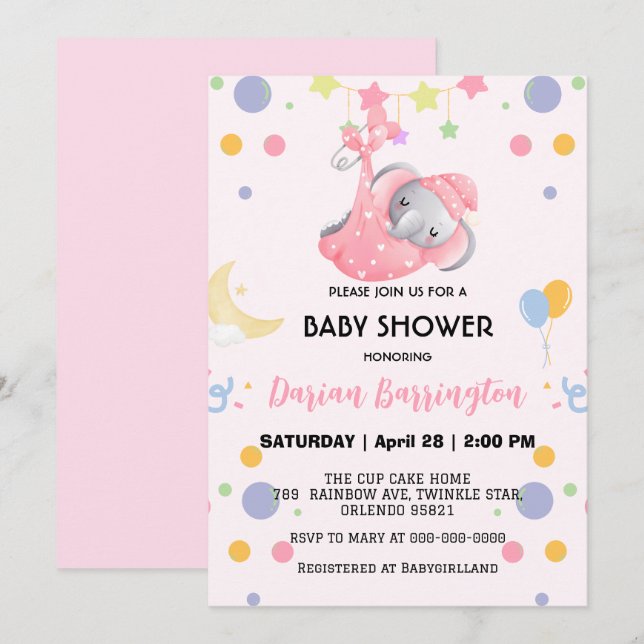 Invitation Beau éléphant étoile montgolfière baby shower enfa (Devant / Derrière)